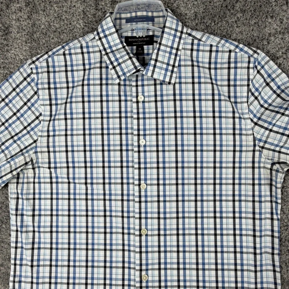 Banana Republic Men's M Blue‎ Plaid Untucked Fit Wrinkle Resistant Shirt Preppy